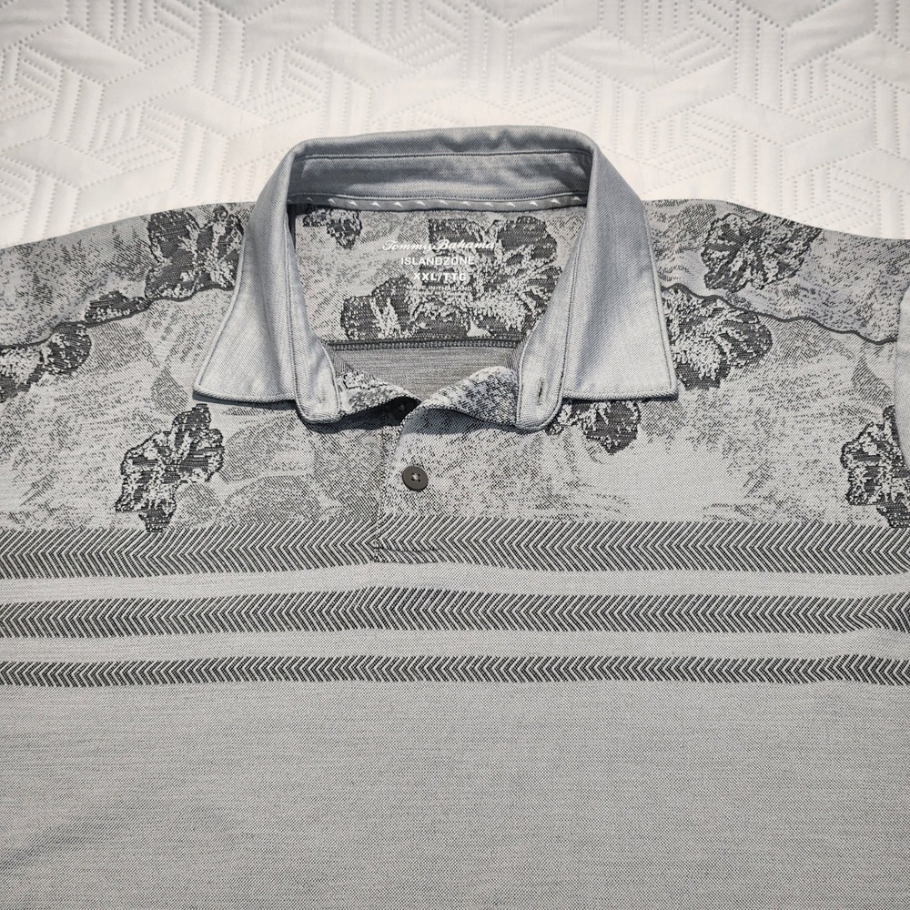 Tommy Bahama Island Zone Polo Shirt Gray Hibiscus Floral Mens XXL-T Golf Casual - Picture 3 of 8